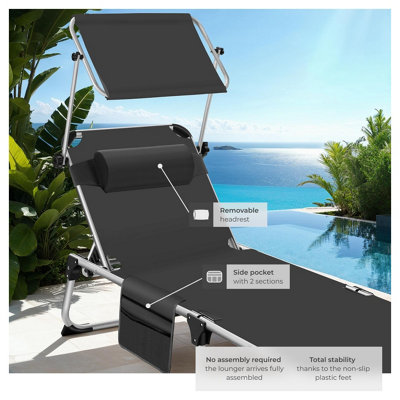 Sun Lounger Aurelie - foldable with headrest, 6 position backrest - black