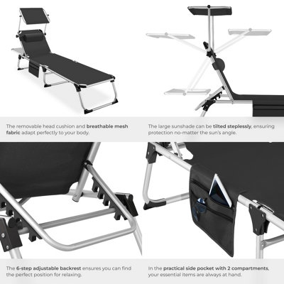 Sun Lounger Aurelie - foldable with headrest, 6 position backrest - black