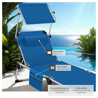 Sun Lounger Aurelie - foldable with headrest, 6 position backrest - blue