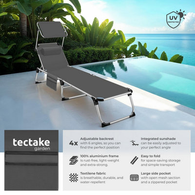 Sun Lounger Aurelie - foldable with headrest, 6 position backrest - grey