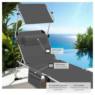 Sun Lounger Aurelie - foldable with headrest, 6 position backrest - grey