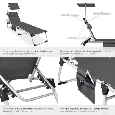 Sun Lounger Aurelie - foldable with headrest, 6 position backrest - grey