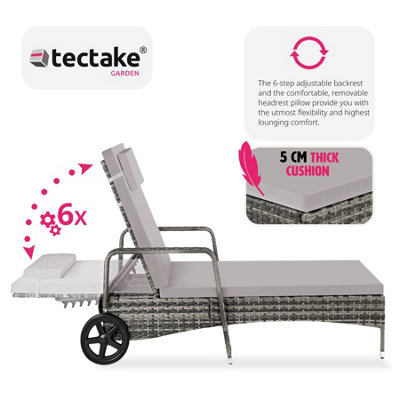 Sun Lounger Cassis - 6-step adjustable backrest, removable headrest, with wheels - grey