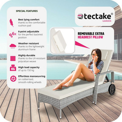 Sun Lounger Cassis - 6-step adjustable backrest, removable headrest, with wheels - light grey