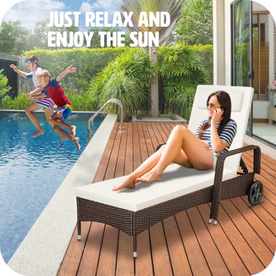 Sun Lounger Cassis - 6-step adjustable backrest, removable headrest, with wheels - mixed brown