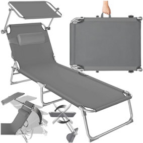 Sun Lounger - foldable, adjustable sunroof, 4-step backrest, head cushion - grey