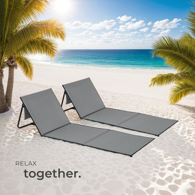 Sun Lounger Mina - set of 2 - padded backrest, foldable, with shoulder strap & storage bag - grey/blue