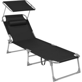 Sun Lounger, Reclining Sun Chair, with Headrest, Adjustable Backrest, Sunshade, Lightweight, Foldable, 53 x 193 x 29.5 cm