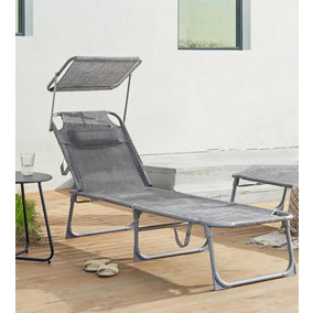 Sun Lounger, Reclining Sun Chair, with Headrest, Adjustable Backrest, Sunshade, Lightweight, Foldable, 53 x 193 x 29.5 cm