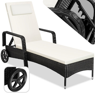 Sun Lounger - resilient poly-rattan, 6-way adjustable backrest, removable pillow, with wheels - black/beige