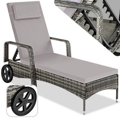 Sun Lounger - resilient poly-rattan, 6-way adjustable backrest, removable pillow, with wheels - grey/light grey