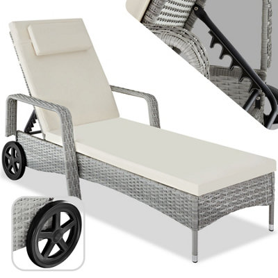 Sun Lounger - resilient poly-rattan, 6-way adjustable backrest, removable pillow, with wheels - light grey/cream