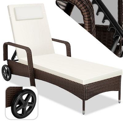 Sun Lounger - resilient poly-rattan, 6-way adjustable backrest, removable pillow, with wheels - mixed brown