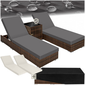 Sun Lounger Set - 2 loungers, 1 side table, aluminium frame, adjustable backrest, rain cover - brown