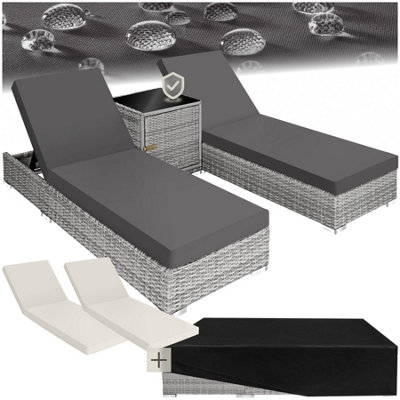 Sun Lounger Set - 2 loungers, 1 side table, aluminium frame, adjustable backrest, rain cover - light grey