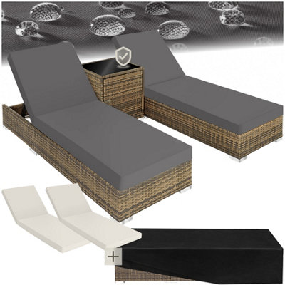Sun Lounger Set - 2 loungers, 1 side table, aluminium frame, adjustable backrest, rain cover - nature