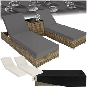 Sun Lounger Set - 2 loungers, 1 side table, aluminium frame, adjustable backrest, rain cover - nature