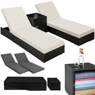 Sun Lounger Set - 2 polyrattan beds with adjustable backrest, side table, protective cover - black