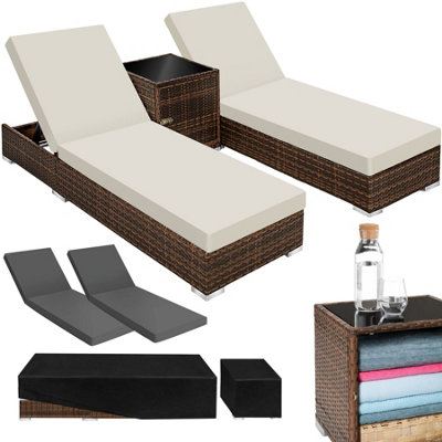 Sun Lounger Set - 2 polyrattan beds with adjustable backrest, side table, protective cover - brown