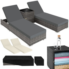 Sun Lounger Set - 2 polyrattan beds with adjustable backrest, side table, protective cover - grey