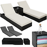 Sun Lounger Set - 2 Rattan Loungers, Side Table & Protective Cover  - black