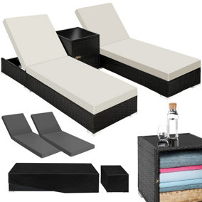 Sun Lounger Set - 2 Rattan Loungers, Side Table & Protective Cover  - black