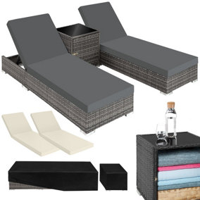Sun Lounger Set - 2 Rattan Loungers, Side Table & Protective Cover  - grey