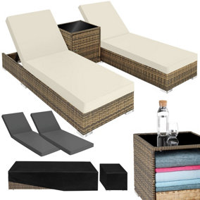 Sun Lounger Set - 2 Rattan Loungers, Side Table & Protective Cover  - nature