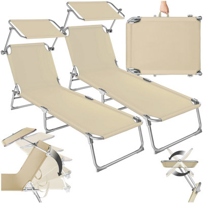 Sun Lounger Set of 2 - foldable, adjustable sunshade and 4-step backrest - beige