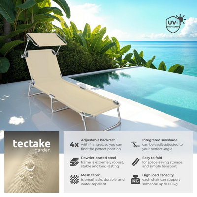 Sun Lounger Set of 2 - foldable, adjustable sunshade and 4-step backrest - beige