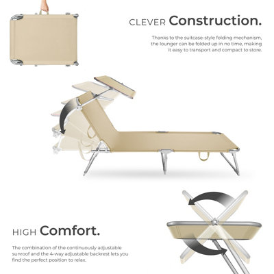 Sun Lounger Set of 2 - foldable, adjustable sunshade and 4-step backrest - beige