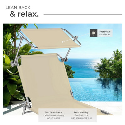 Sun Lounger Set of 2 - foldable, adjustable sunshade and 4-step backrest - beige