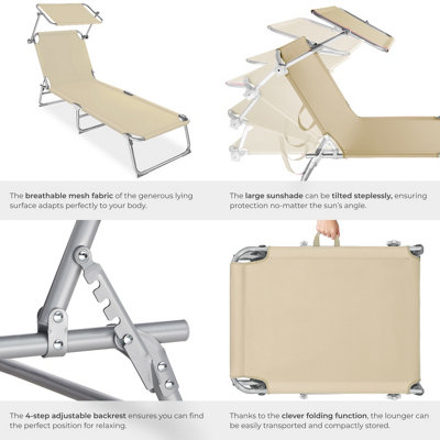 Sun Lounger Set of 2 - foldable, adjustable sunshade and 4-step backrest - beige