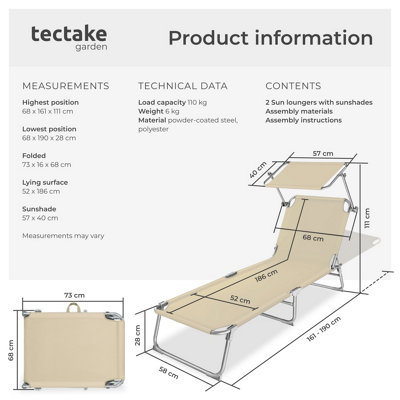 Sun Lounger Set of 2 - foldable, adjustable sunshade and 4-step backrest - beige