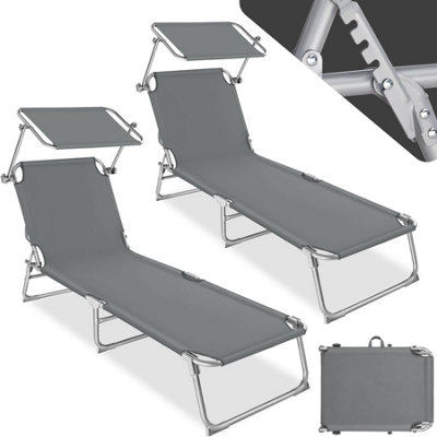 Sun Lounger Set of 2 - foldable, adjustable sunshade and 4-step backrest - grey