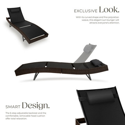 Sun Lounger Weatherproof And UV-resistant 6 step Adjustable Backrest Poly Rattan  - mixed brown