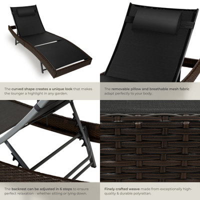 Sun Lounger Weatherproof And UV-resistant 6 step Adjustable Backrest Poly Rattan  - mixed brown