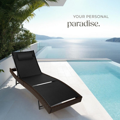 Sun Lounger Weatherproof And UV-resistant 6 step Adjustable Backrest Poly Rattan  - mixed brown