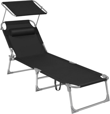 Sun Lounger, with Headrest, Adjustable Backrest, Reclining Sun Chair, Sunshade, Foldable and Lightweight Black