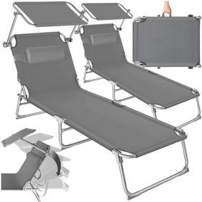 Sun Loungers Set of 2 - foldable, sunroof, 4-step backrest, head cushion - grey