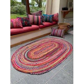 SUNDAR Oval Rug Braided with Recycled Fabric - L90 x W150 - Multicolour