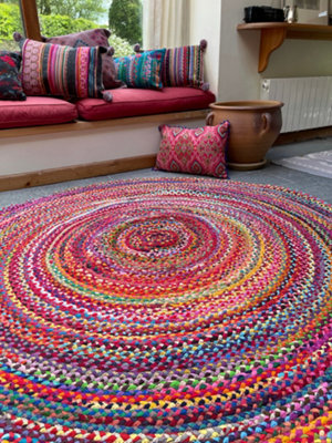 SUNDAR Round Multicolour Rug Ethical Source with Recycled Fabric 60 cm ...