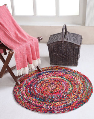 SUNDAR Round Multicolour Rug Ethical Source with Recycled Fabric 60 cm Diameter