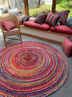 SUNDAR Round Rug Braided with Recycled Fabric - L90 x W90 - Multicolour