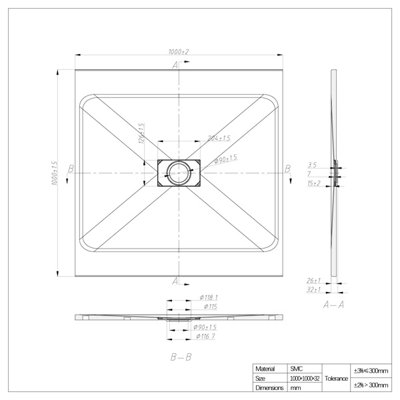 SunDaze 1000 x 1000mm SMC White Square Slate Effect Bathroom Shower Tray - 7