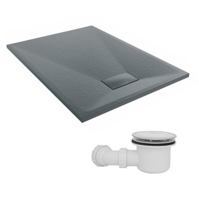 SunDaze 1100 x 800mm SMC Anthracite Rectangle Slate Effect Shower Tray with Fluidmaster 90mm Fast Flow Waste