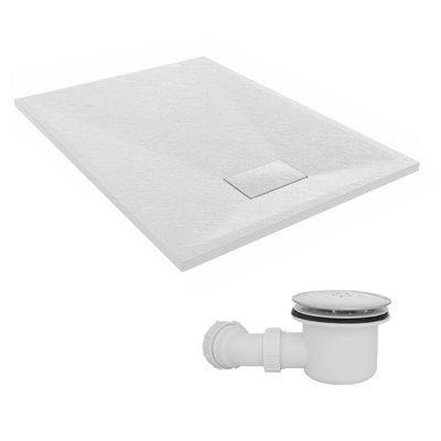 SunDaze 1100 x 800mm SMC White Rectangle Slate Effect Shower Tray with Fluidmaster 90mm Fast Flow Waste