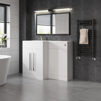 SunDaze 1100mm Gloss White Bathroom Combined Furniture L-Shape Vanity ...