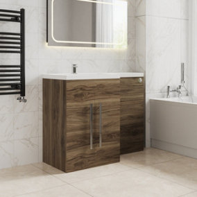 SunDaze 1100mm Walnut Bathroom Combined Furniture L-Shape Vanity Unit Left Handed Basin Sink