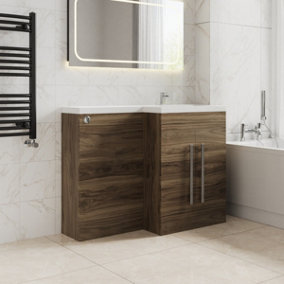 SunDaze 1100mm Walnut Bathroom Combined Furniture L-Shape Vanity Unit Right Handed Basin Sink